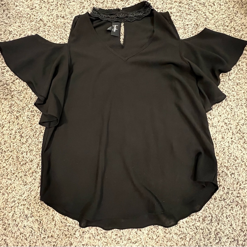 Black Cold-Shoulder Flutter Sleeve Top